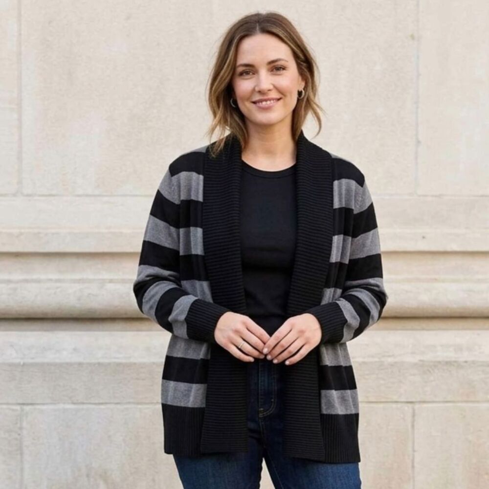 INC International Concepts Black and Gray Striped Open Front Cardigan